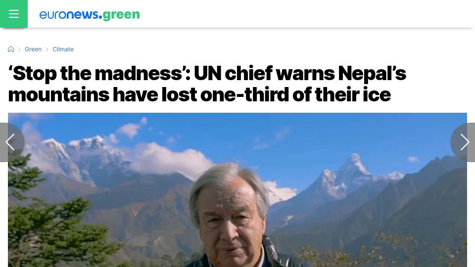 Screenshot of euronews.com: UN chief warns Nepal's mountains have lost one-third of their ice