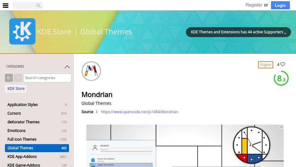 Screenshot of store.kde.org: Mondrian – KDE Plasma desktop inspired by Piet Mondrian's paintings