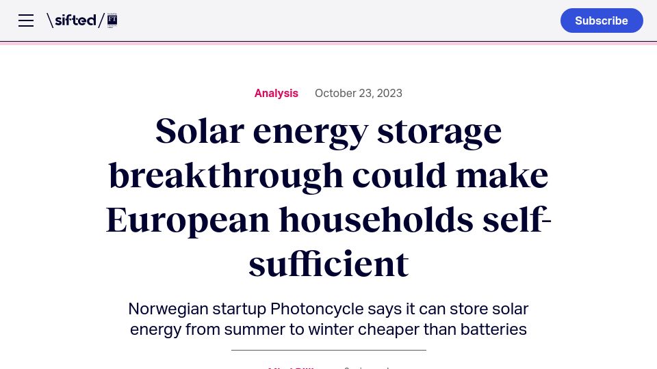 Screenshot of sifted.eu: Solar energy storage breakthrough could make households self-sufficient