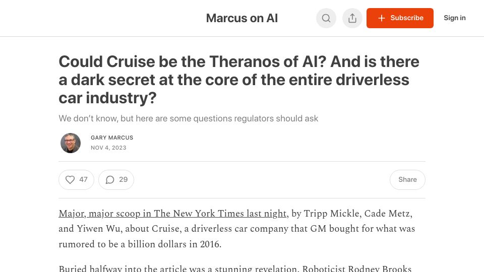 Screenshot of garymarcus.substack.com: Could Cruise Be the Theranos of AI?