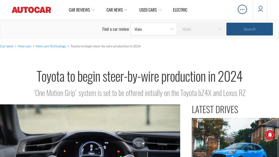 Screenshot of autocar.co.uk: Toyota to begin steer-by-wire production in 2024