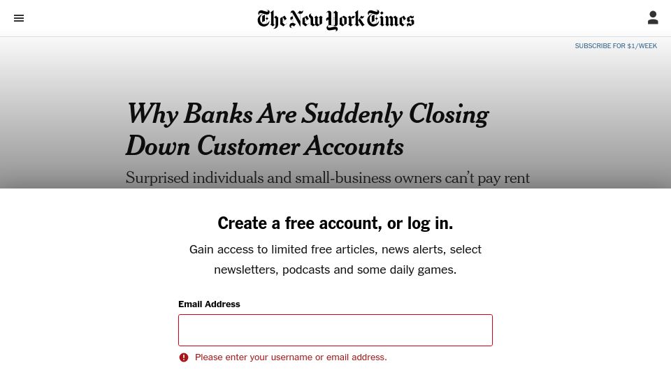 Screenshot of nytimes.com: Why banks are suddenly closing down customer accounts