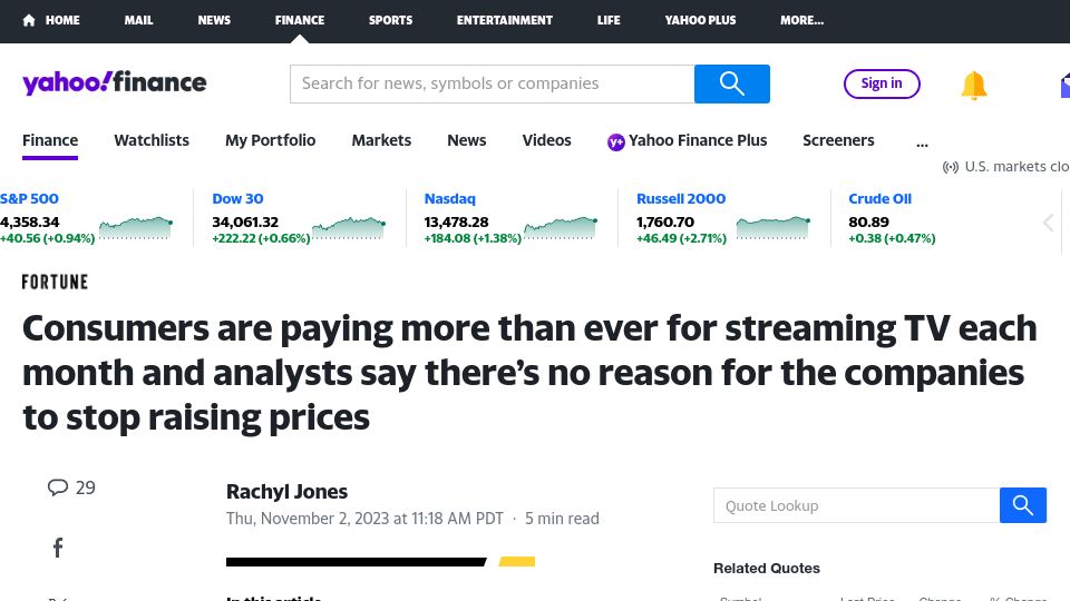 Screenshot of finance.yahoo.com: Consumers are paying more than ever for streaming TV each month