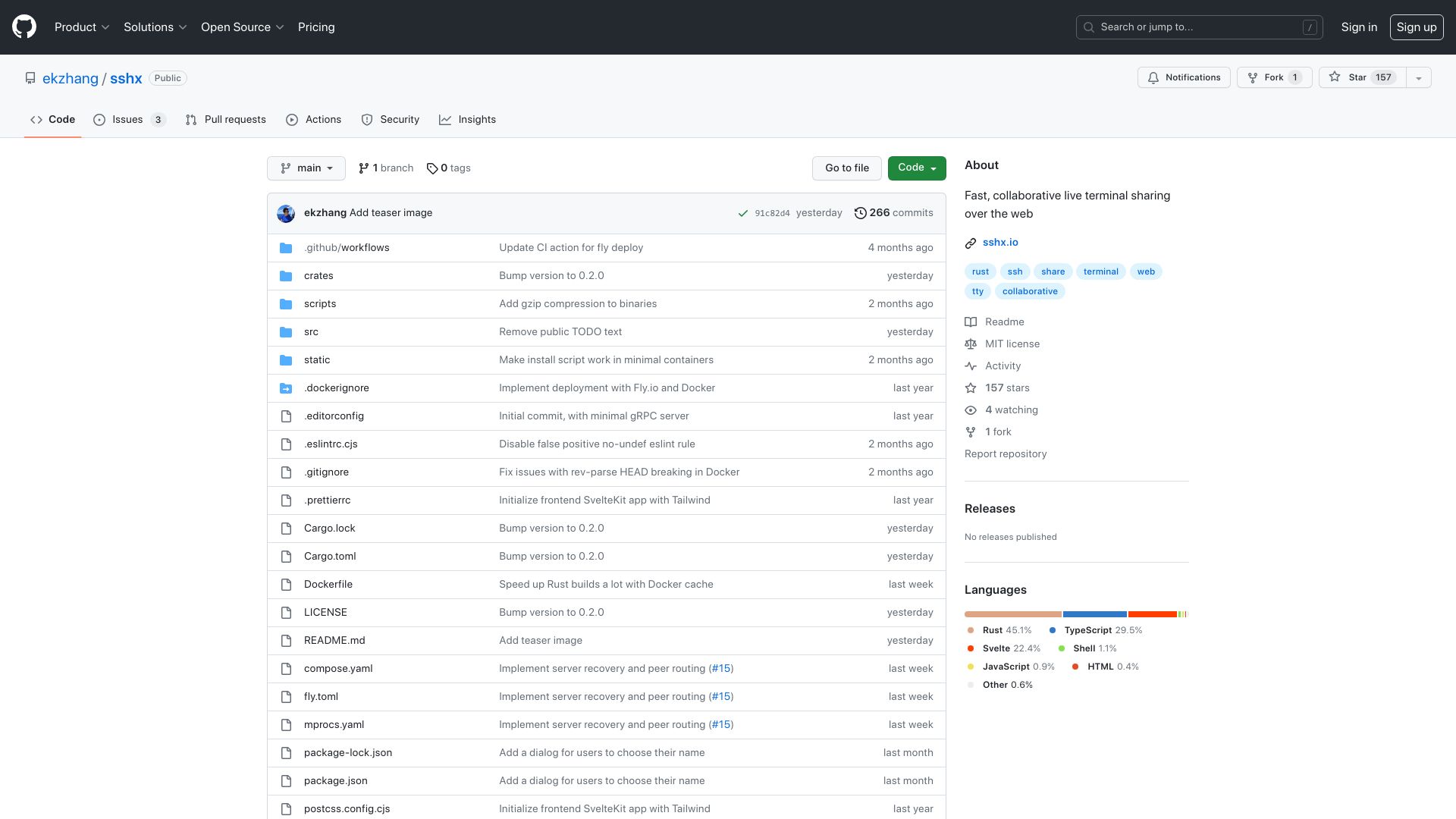 Screenshot of github.com: Show HN: Sshx, a web-based collaborative terminal