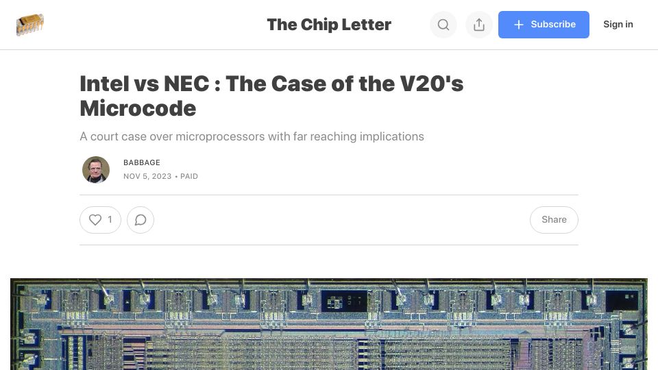 Screenshot of thechipletter.substack.com: Intel vs. NEC: The Case of the V20's Microcode
