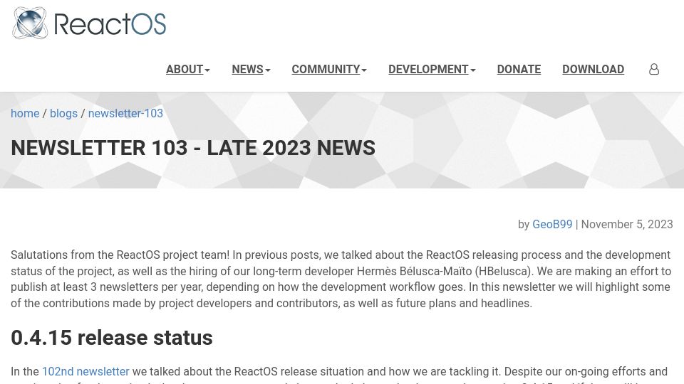 Screenshot of reactos.org: ReactOS Newsletter 103 – Late 2023 News