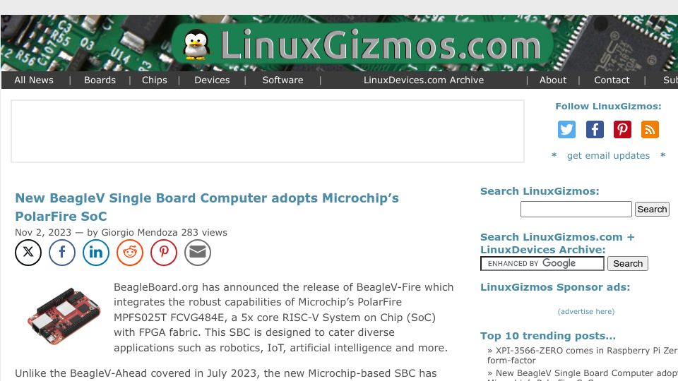 Screenshot of linuxgizmos.com: New BeagleV single board computer adopts Microchip's PolarFire SoC with FPGA