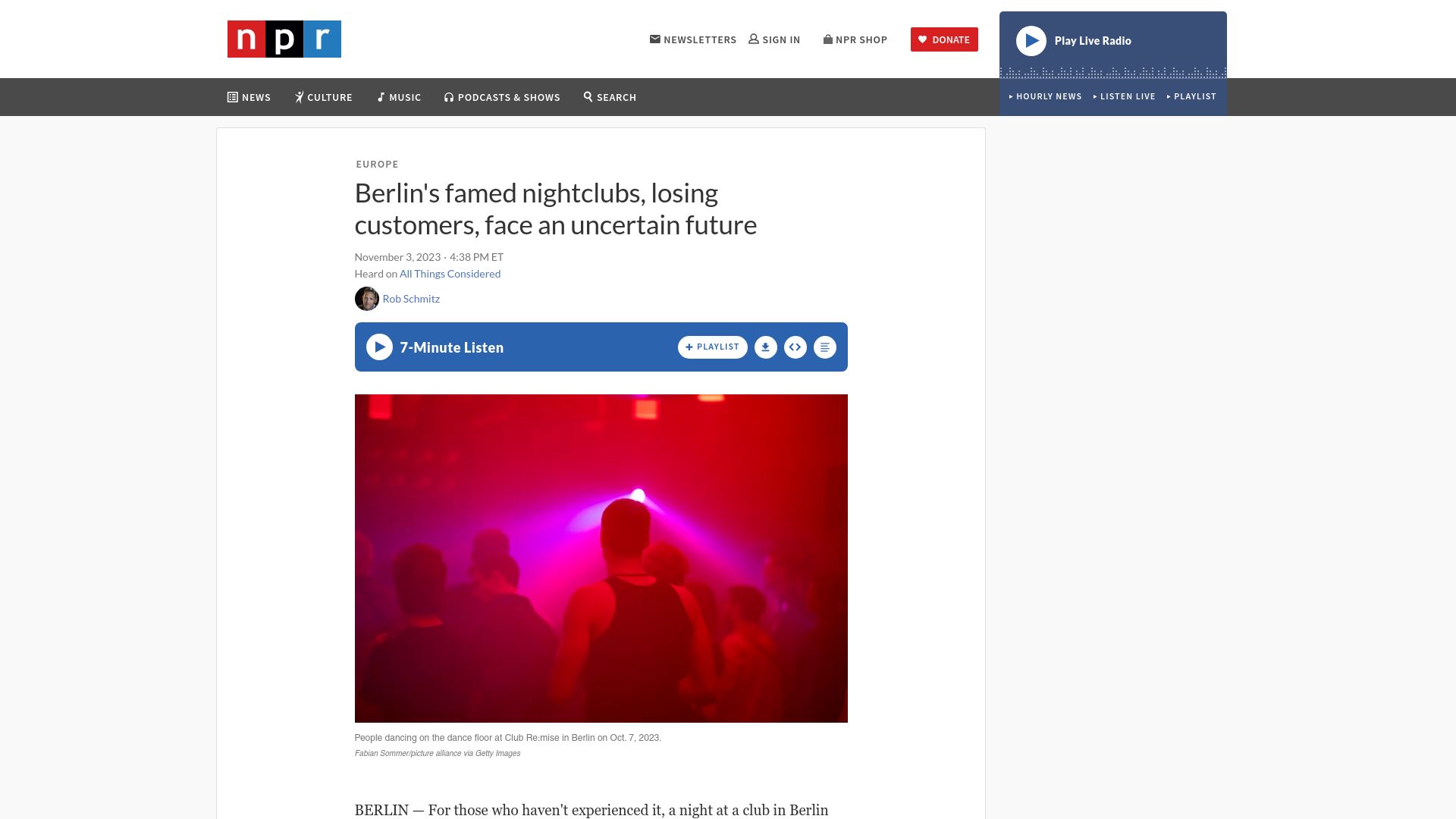 Screenshot of npr.org: Berlin's famed nightclubs, losing customers, face an uncertain future