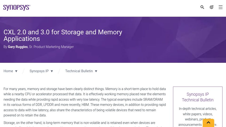 Screenshot of synopsys.com: PCIe vs. CXL for Memory and Storage
