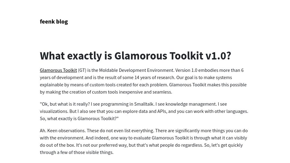 Screenshot of lepiter.io: What is Glamorous Toolkit v1.0?