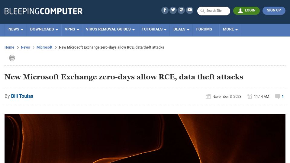 Screenshot of bleepingcomputer.com: New Microsoft Exchange zero-days allow RCE, data theft attacks