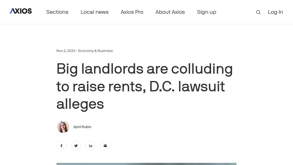 Screenshot of axios.com: Big landlords are colluding to raise rents, D.C. lawsuit alleges