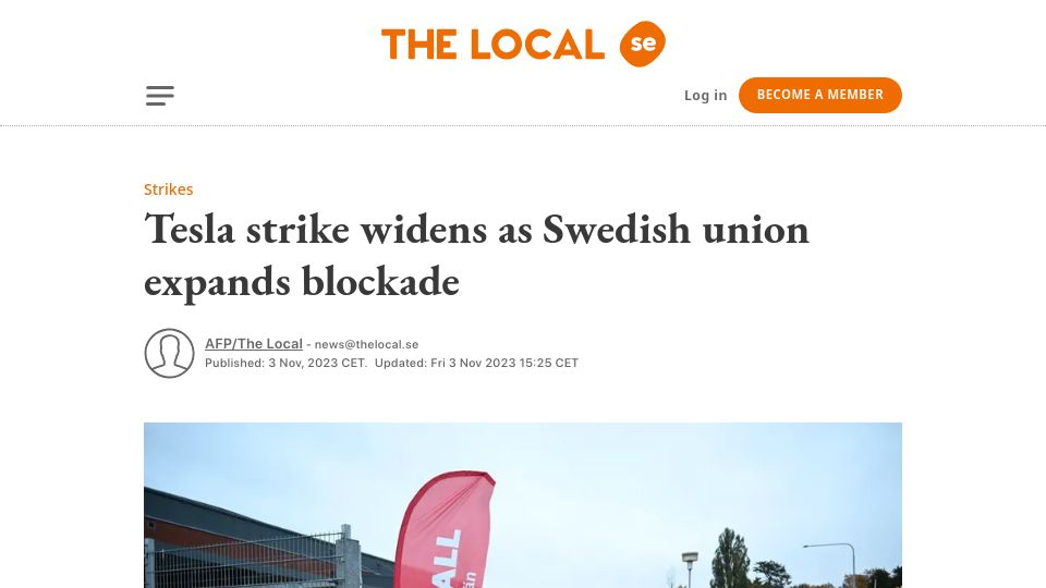 Screenshot of thelocal.se: Tesla strike widens as Swedish union expands blockade