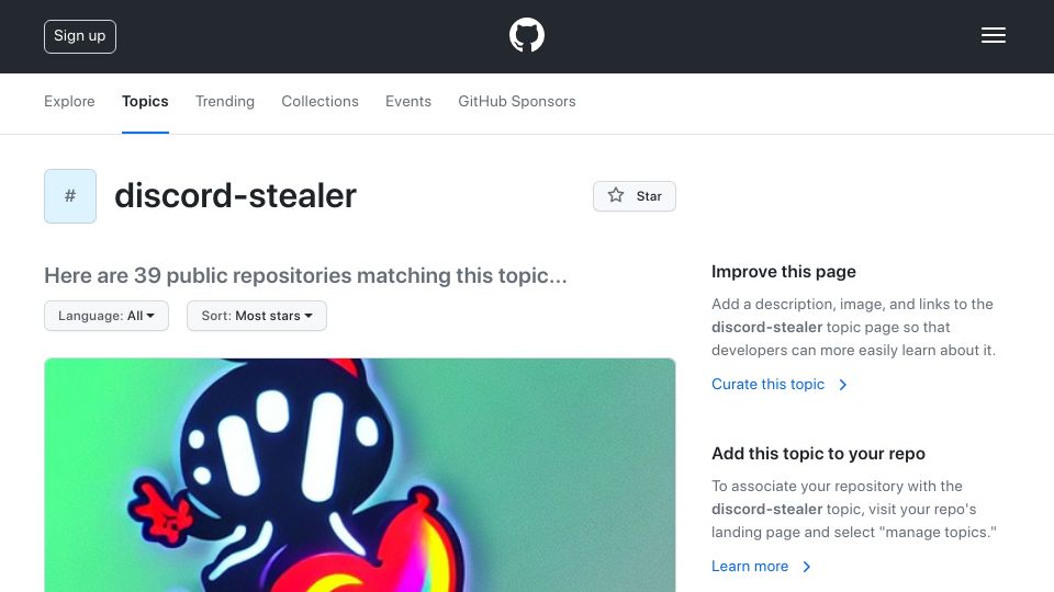 Screenshot of github.com: Topic: Discord Stealer