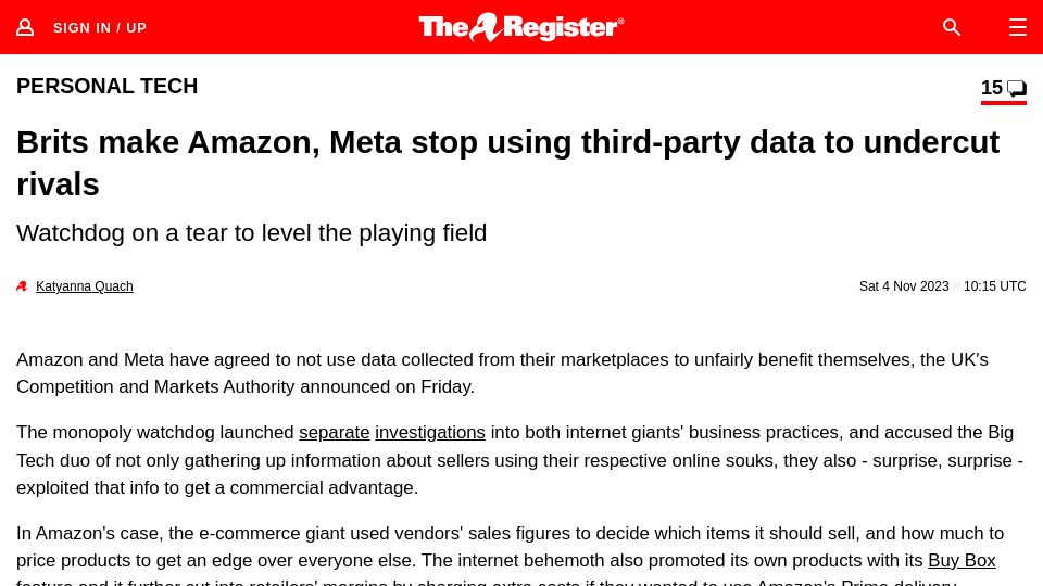 Screenshot of theregister.com: Brits make Amazon, Meta stop using third-party data to undercut rivals