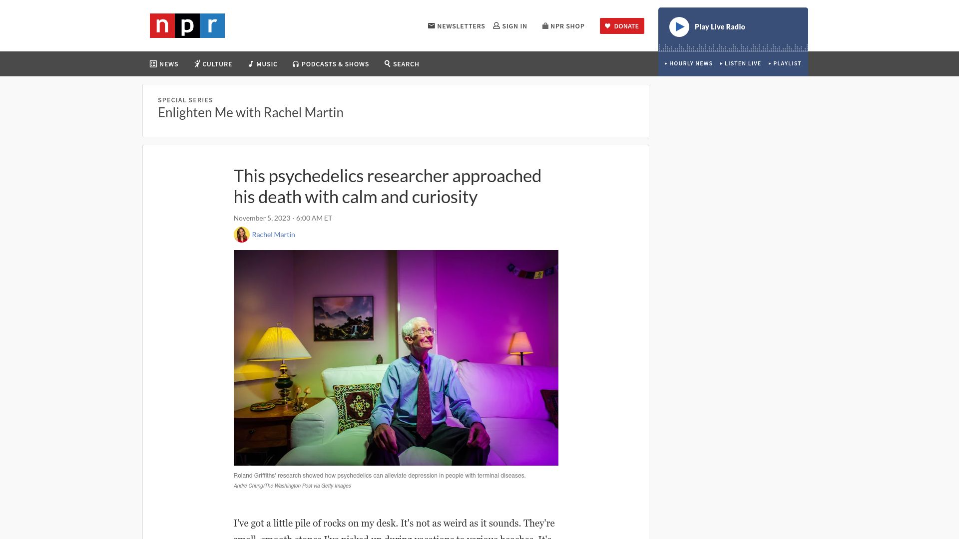 Screenshot of npr.org: Psychedelics researcher approached his death with calm and curiosity