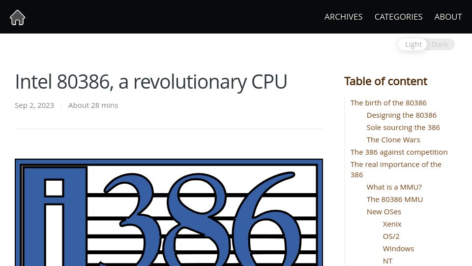 Screenshot of xtof.info: Intel 80386, a Revolutionary CPU