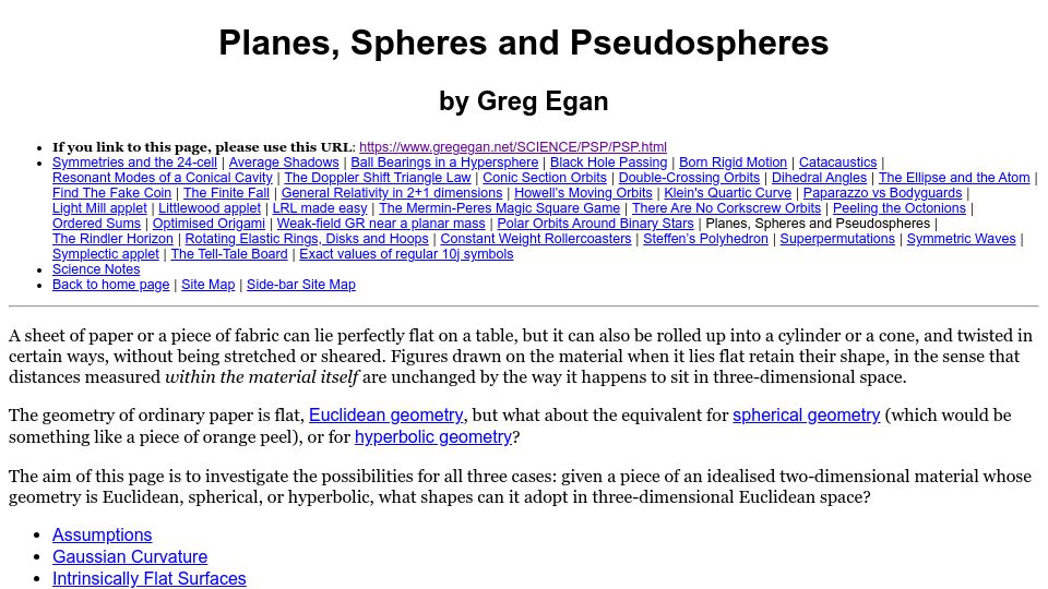 Screenshot of gregegan.net: Planes, Spheres and Pseudospheres