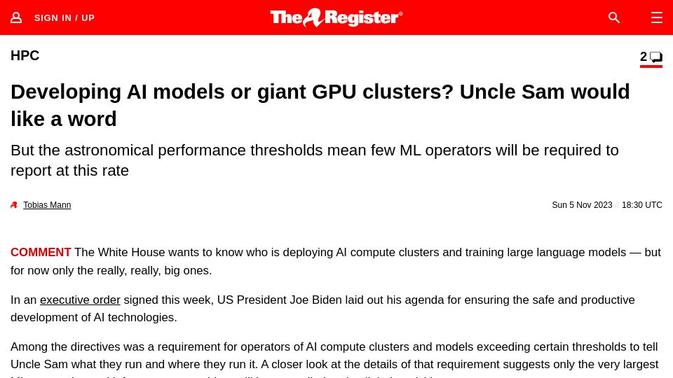 Screenshot of theregister.com: Developing AI models or giant GPU clusters? Uncle Sam would like a word