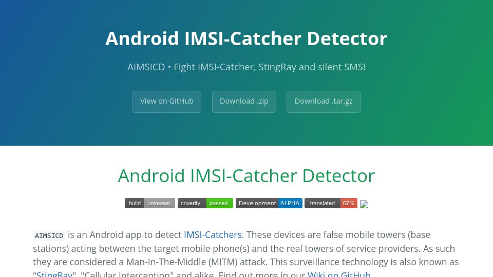 Screenshot of cellularprivacy.github.io: IMSI-Catcher Detector