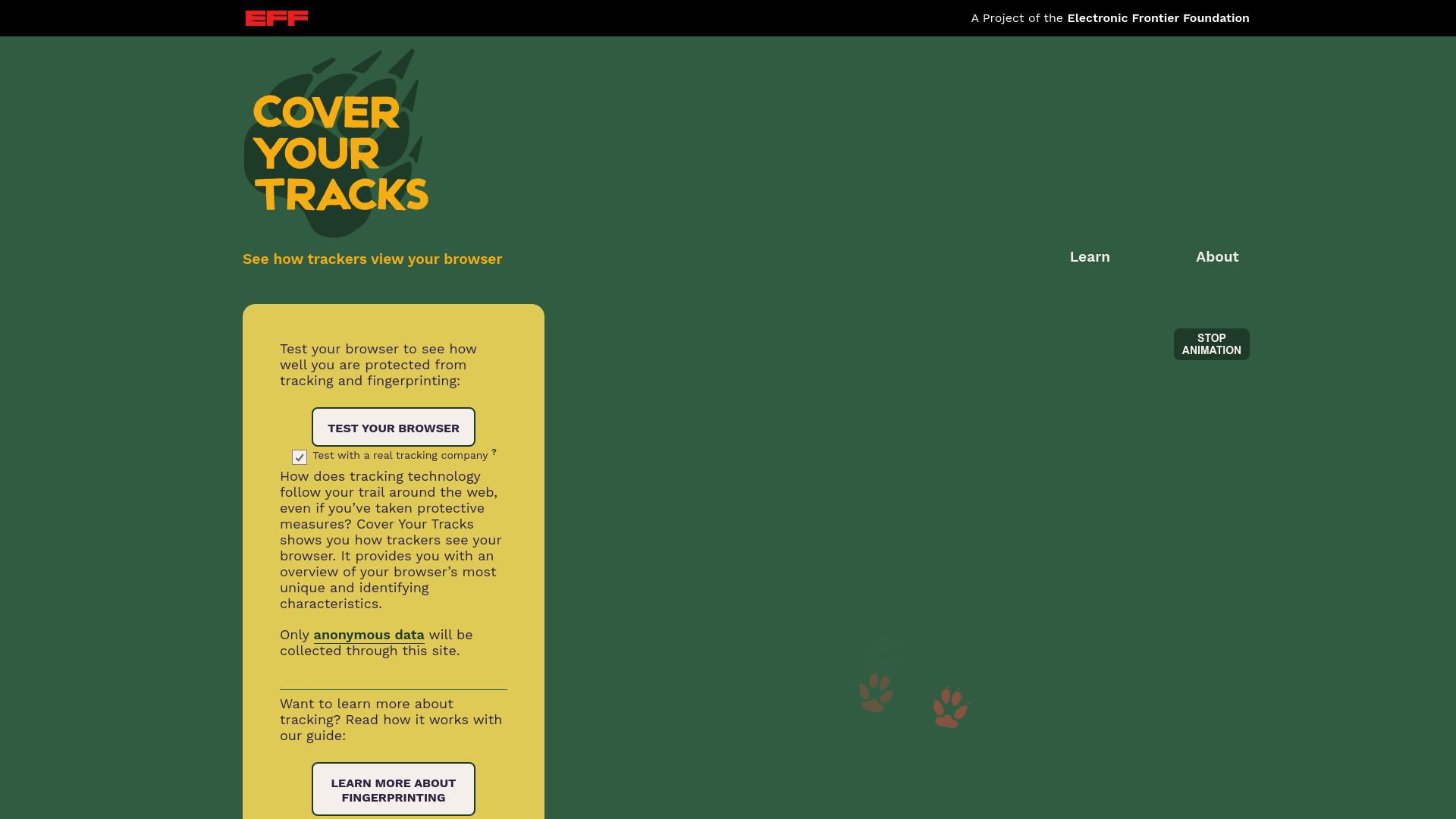 Screenshot of coveryourtracks.eff.org: Test browser for web tracking – EFF