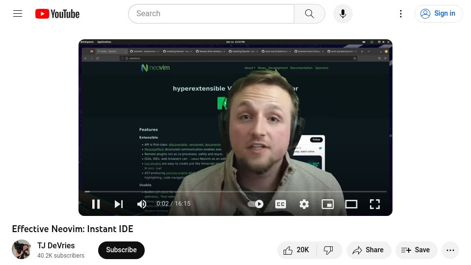 Screenshot of youtube.com: Effective Neovim: An Instant IDE [video]