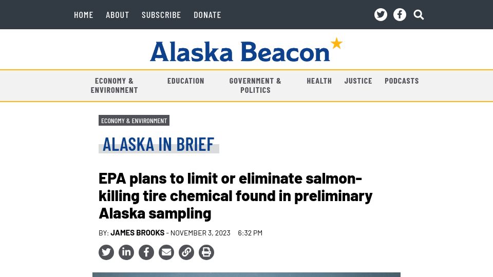Screenshot of alaskabeacon.com: EPA plans to limit or eliminate salmon-killing tire chemical found in Alaska