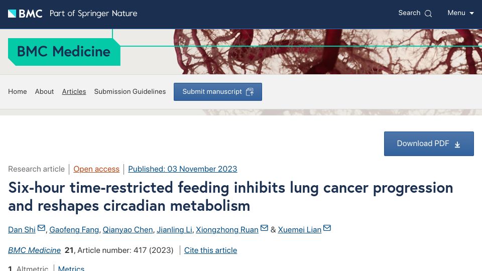 Screenshot of bmcmedicine.biomedcentral.com: Six-hour time-restricted feeding inhibits lung cancer progression