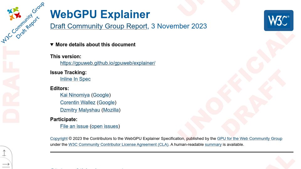 Screenshot of gpuweb.github.io: W3C Community Group Draft Report – WebGPU Explainer