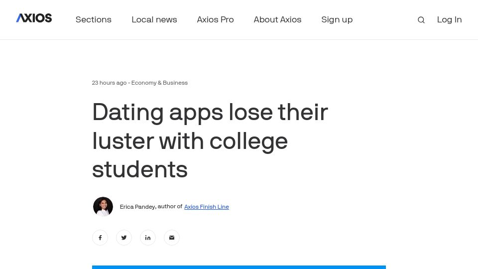 Screenshot of axios.com: Dating apps lose their luster with college students