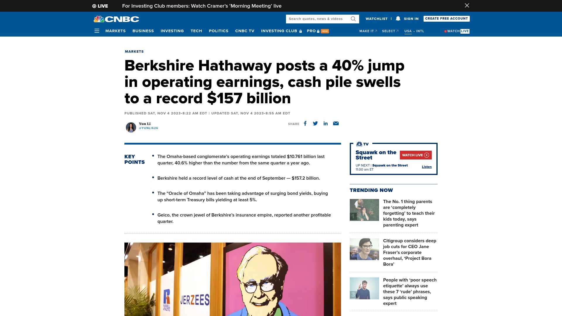 Screenshot of cnbc.com: Berkshire Hathaway posts a 40% jump in operating earnings, cash pile of $157B