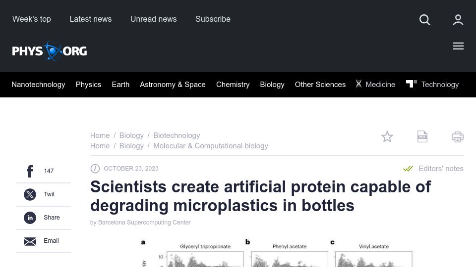 Screenshot of phys.org: Scientists create artificial protein that can degrade PET plastics in bottles