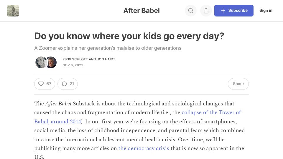 Screenshot of jonathanhaidt.substack.com: A Zoomer explains her generation's malaise to older generations