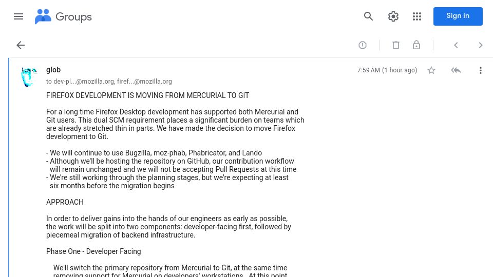 Screenshot of groups.google.com: Firefox Development Is Moving from Mercurial to Git