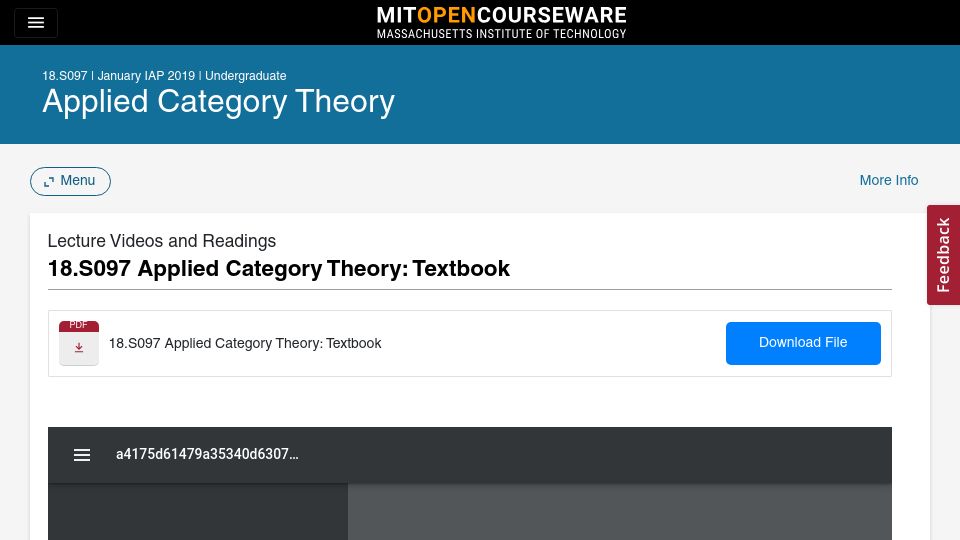 Screenshot of ocw.mit.edu: Applied Category Theory: Textbook (2019)