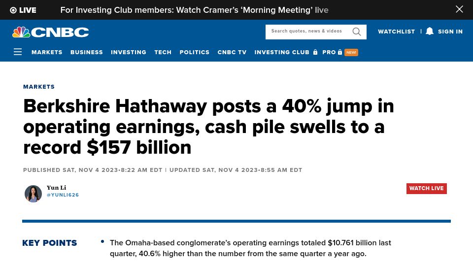 Screenshot of cnbc.com: Berkshire Hathaway posts a 40% jump in operating earnings, cash pile of $157B