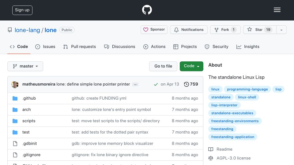 Screenshot of github.com: A standalone zero-dependency Lisp for Linux