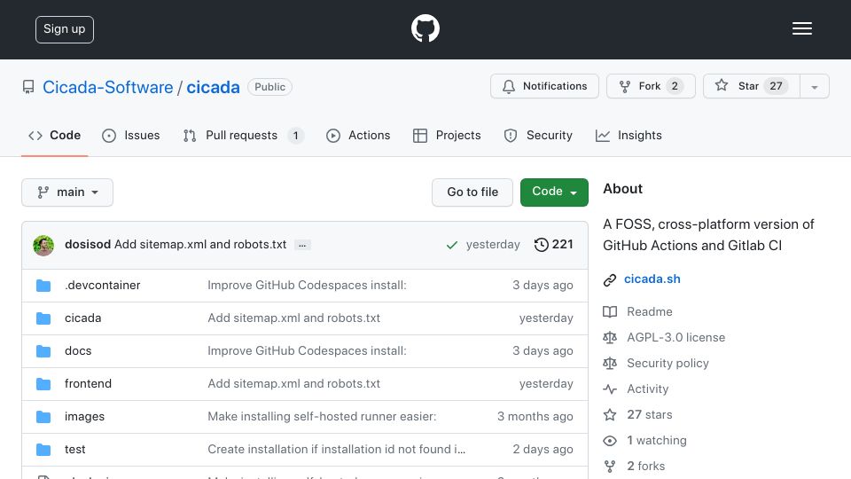 Screenshot of github.com: Cicada – A FOSS, Cross-Platform Version of GitHub Actions and Gitlab CI