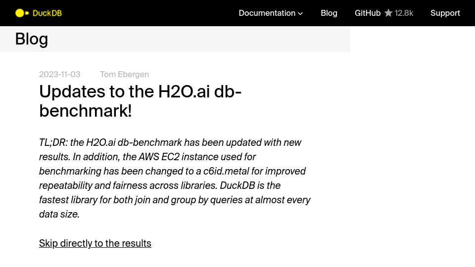 Screenshot of duckdb.org: DuckDB performance improvements with the latest release