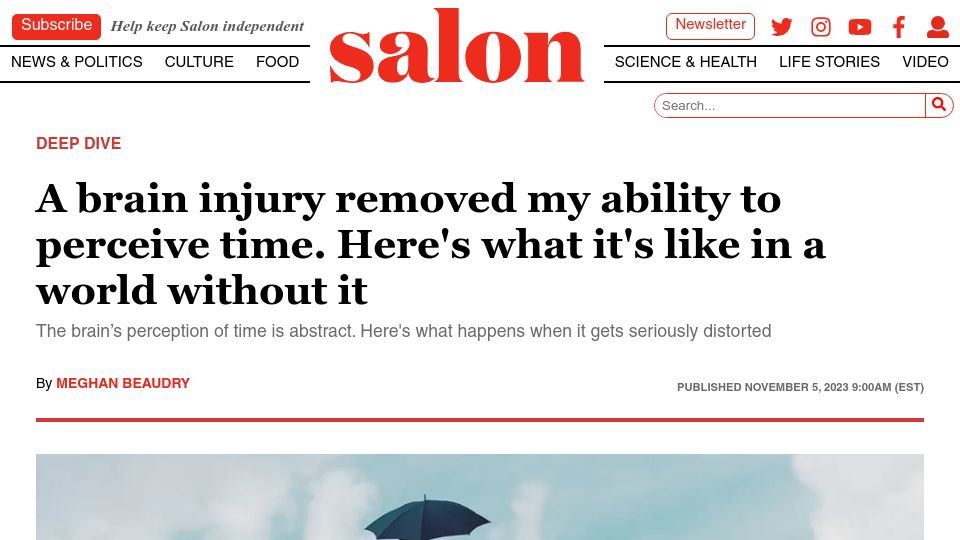 Screenshot of salon.com: A brain injury removed my ability to perceive time
