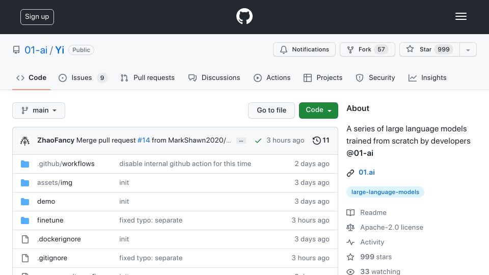 Screenshot of github.com: 01-AI/Yi: A series of large language models trained from scratch