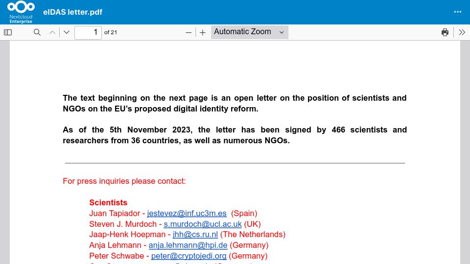 Screenshot of nce.mpi-sp.org: Scientists deeply concerned with upcoming EU digital identity regulations