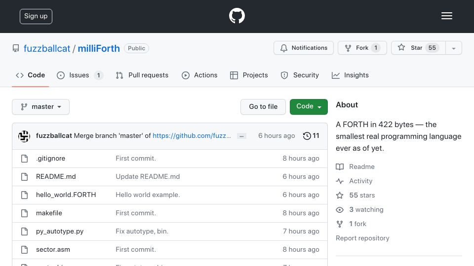 Screenshot of github.com: milliForth