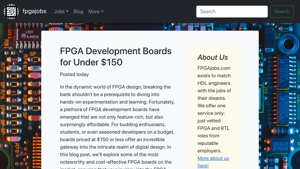 Screenshot of fpgajobs.com: FPGA Dev Boards for $150 or Less
