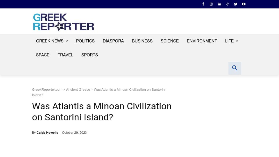 Screenshot of greekreporter.com: Was Atlantis a Minoan Civilization on Santorini Island?