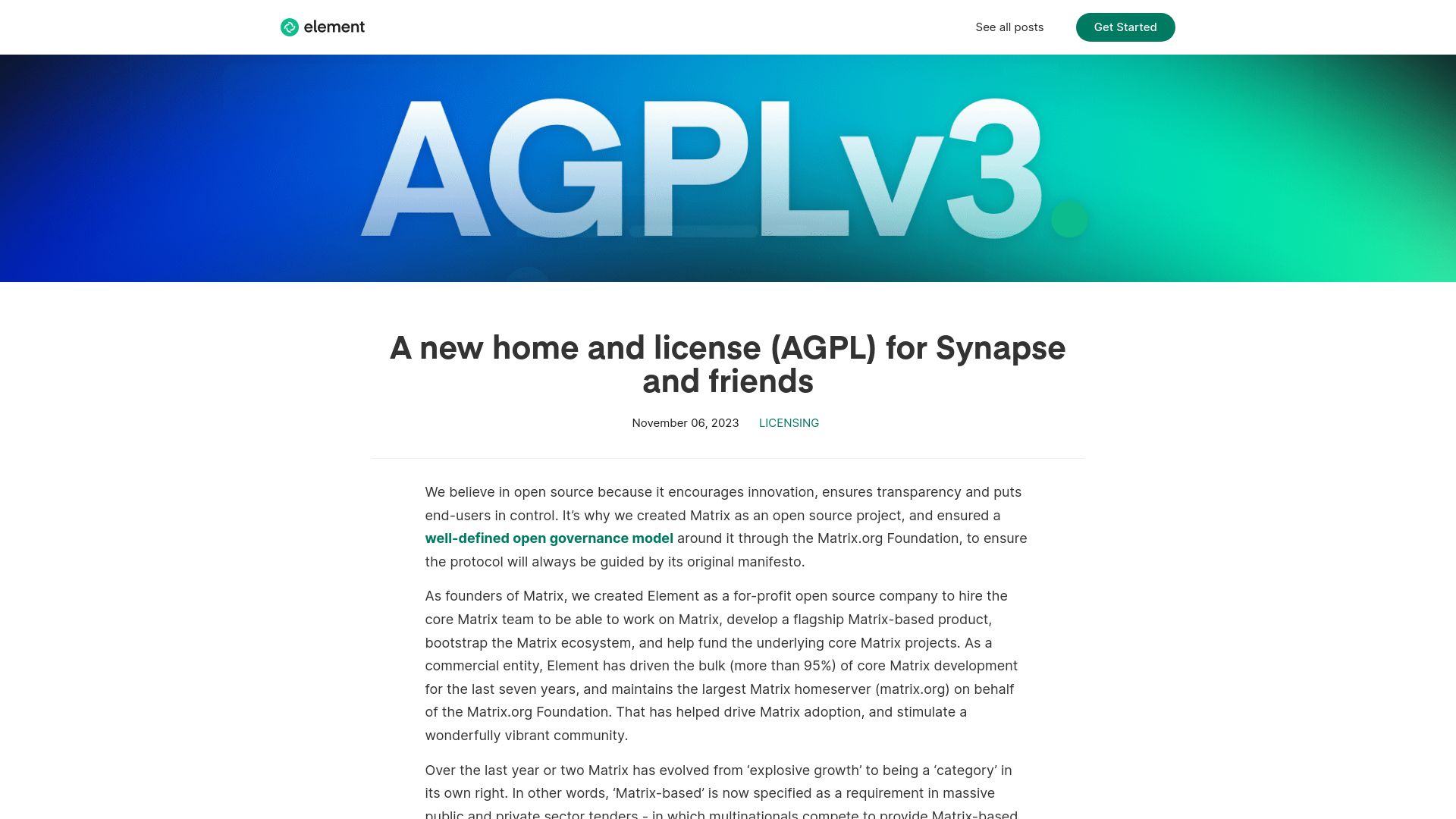 Screenshot of element.io: A new home and license (AGPL) for Synapse and friends