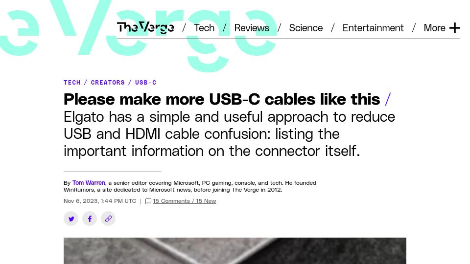 Screenshot of theverge.com: USB-C cable with the bandwidth and USB type imprinted on the connector