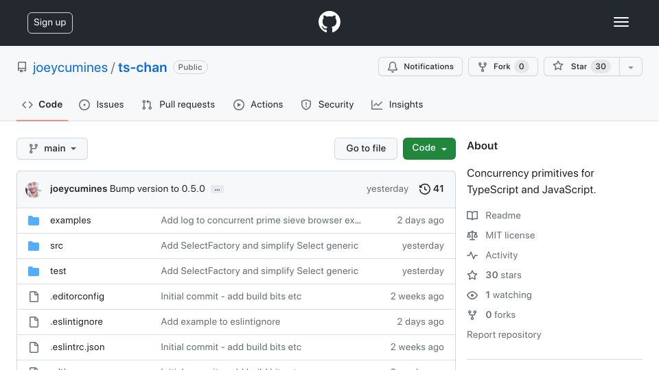 Screenshot of github.com: Show HN: Ts-Chan – Go-Like Concurrency Primitives for TypeScript/JavaScript