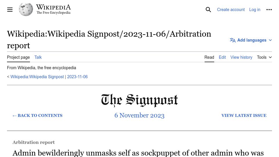 Screenshot of en.wikipedia.org: Wikipedia admin unmasks self as sockpuppet of other admin banned in 2015