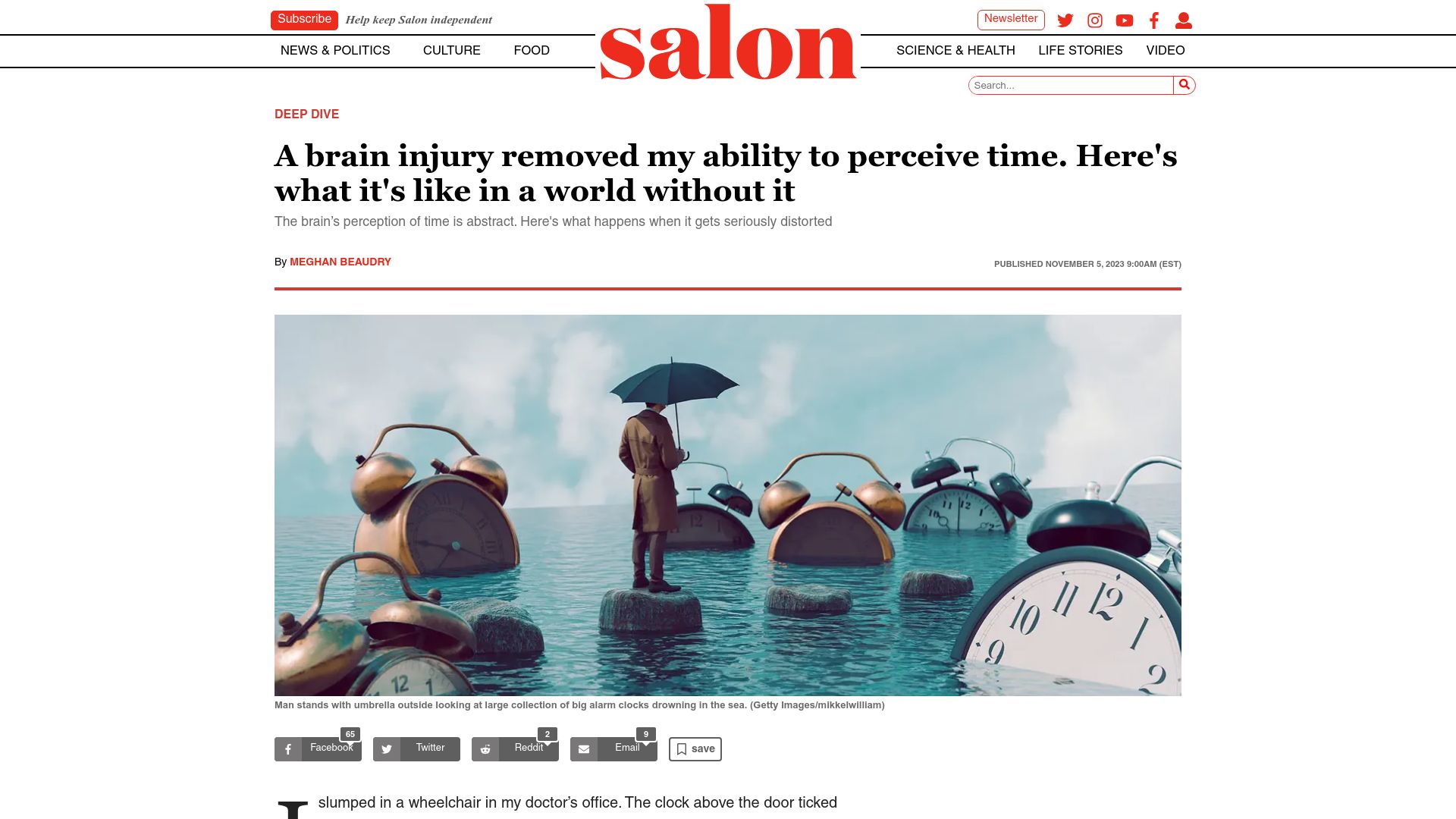 Screenshot of salon.com: A brain injury removed my ability to perceive time